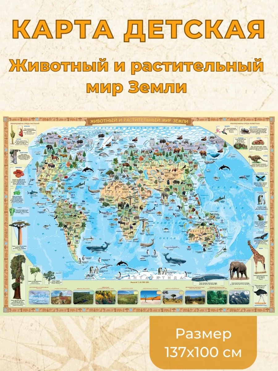 Карта детская "Животный и растительный мир Земли" 137х100 см