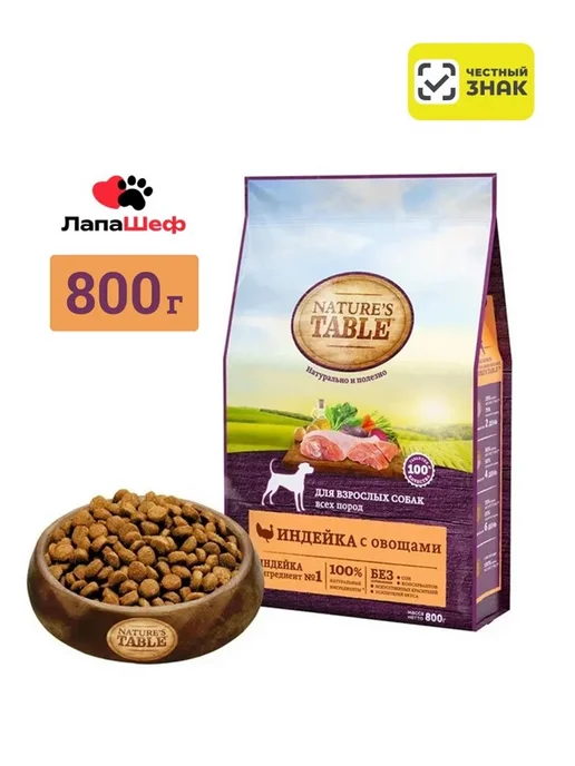 Сухой корм NATURE’S TABLE для собак, индейка, 0,8 кг