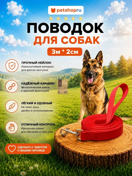 PetShop Поводок для собак нейлоновый "Турбо", красный, 3 м*2 см, 3 м