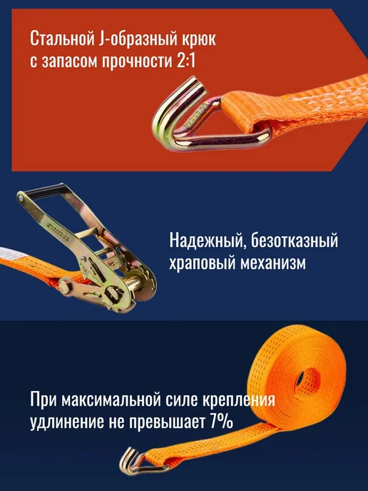 ТехноТяга Стяжной ремень 2,5т (5т) 10м 35 мм (2 штуки), 10 м, фото 2