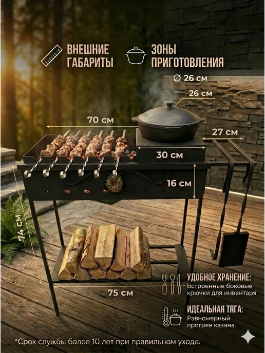 Мангал для шашлыка разборный 4 мм стальной для дачи походный, черный, фото 4