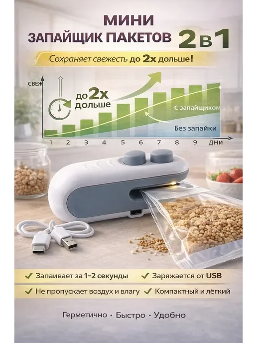 Guli style Мини запайщик пакетов 2 в 1 компактный, вариант, фото 2