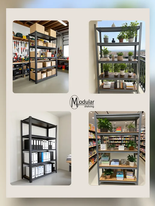 MODULARshelving Стеллаж металлический с полками МДФ 90-40-182, черный, фото 5