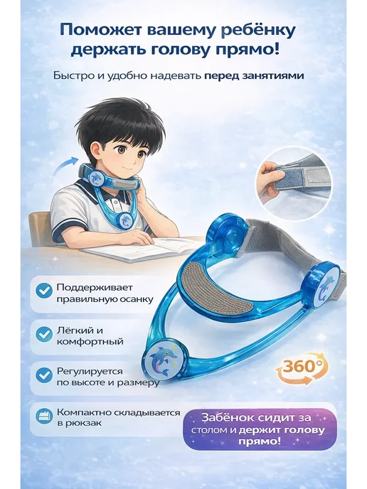 Чертополох Курчавый Корректор осанки детский для шеи регулируемый, голубой, фото 4