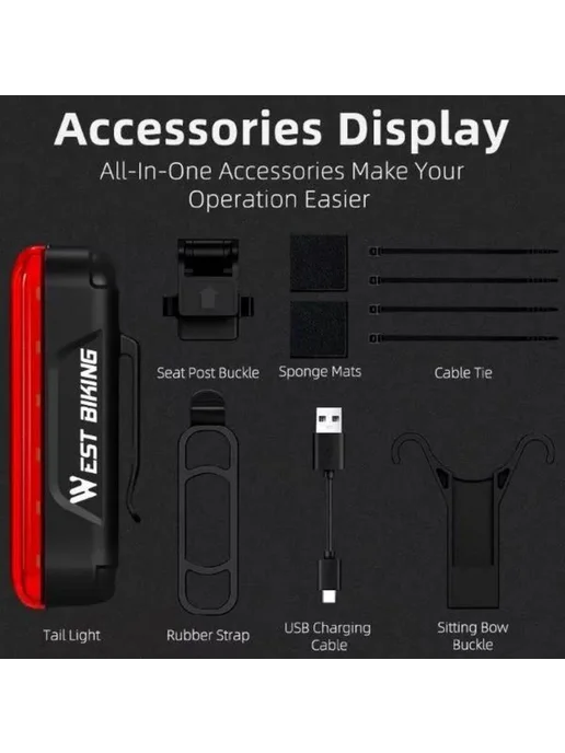 Нет бренда Задний велосипедный фонарь с аккумулятором USB 450 mAh, 450 мАч, фото 8