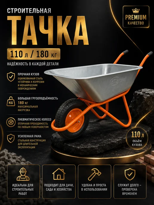 Тачка строительная 110 л 180 кг с одним колесом металл 0,9, 110 л, 180 кг