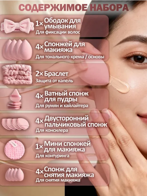 Набор спонжей для макияжа 20 шт, гипоаллергенные, с повязкой, 20 шт, фото 3