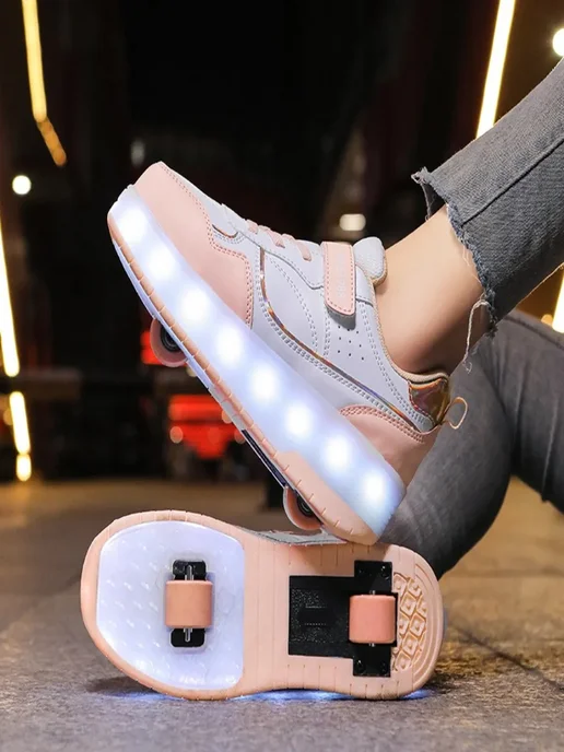Кроссовки ролики для девочек на 4 колесах выдвижные с LED, розовый, фото 6