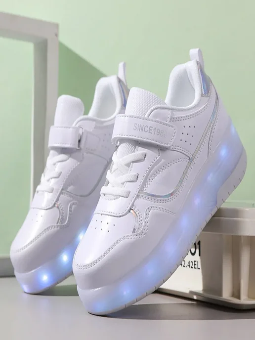 Кроссовки ролики для девочек на 4 колесах выдвижные с LED, белый, фото 5