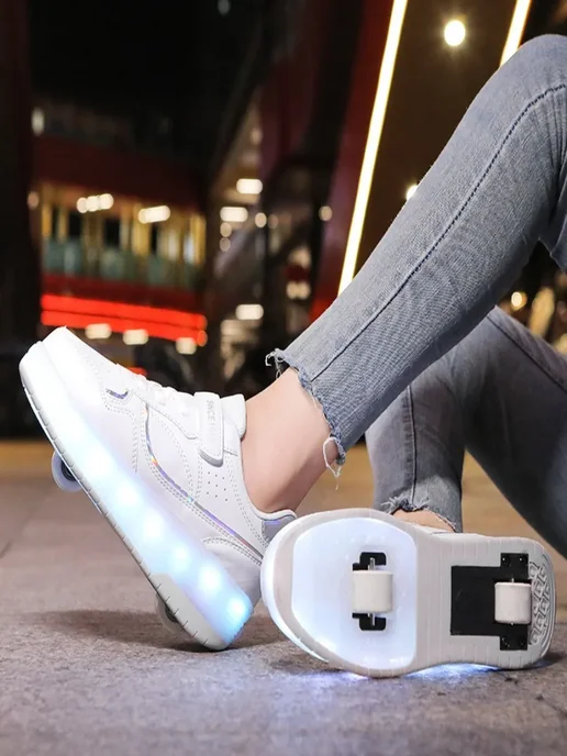 Кроссовки ролики для девочек на 4 колесах выдвижные с LED, белый, фото 7