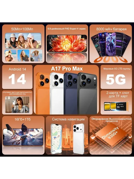 Смартфон Pro Max I17 Promax 1 ТБ, оранжевый, фото 10