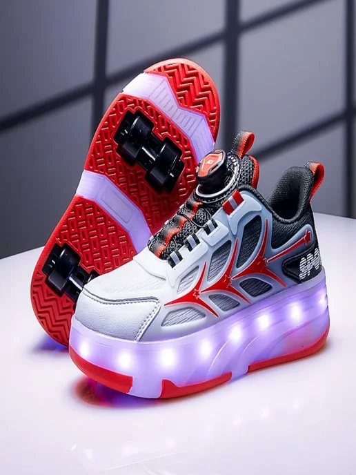 Heelys Кроссовки ролики с подсветкой кнопкой для подростков, красный