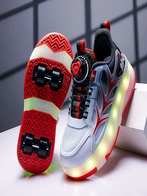 Heelys Кроссовки ролики с подсветкой кнопкой для подростков, красный, фото 4