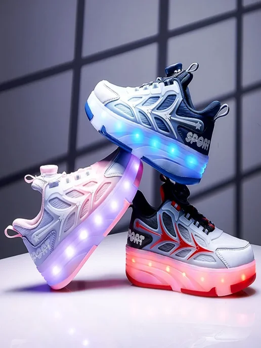Heelys Кроссовки ролики с подсветкой кнопкой для подростков, красный, фото 5