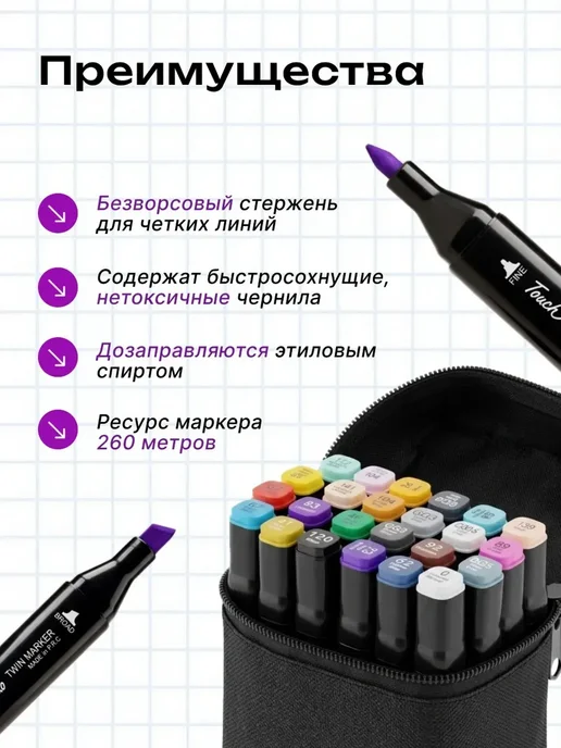 TANFORT Маркеры для скетчинга двусторонние спиртовые 24 шт, 24 шт, фото 3