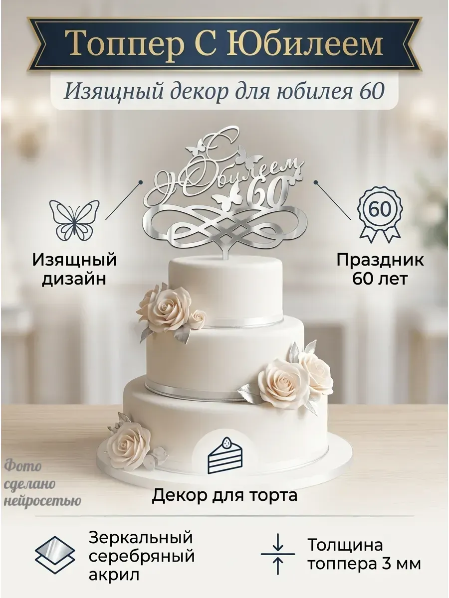 Топпер - "С юбилеем 60",акрил серебро 3 мм