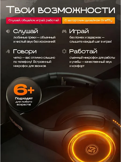 SMART PRESENT Наушники беспроводные большие с микрофоном, черный, фото 2