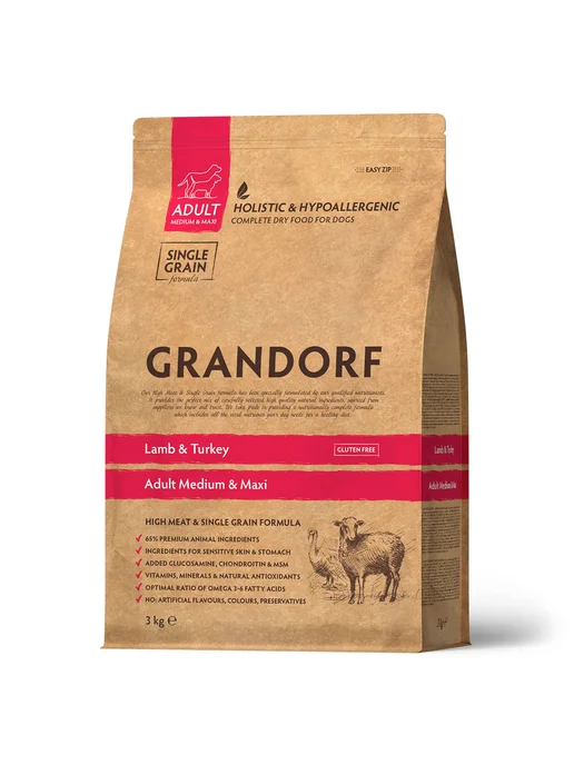 Сухой корм Grandorf' для собак, крупные, средние, индейка, ягненок, 3 кг