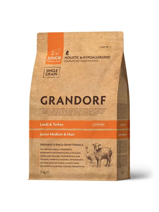 Сухой корм Grandorf' для собак, крупные, средние, щенки, индейка, ягненок, 3 кг