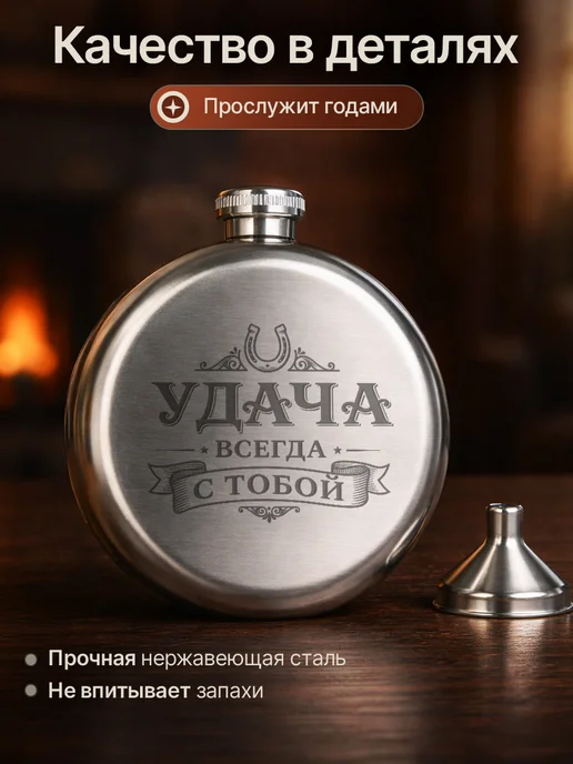 Русские подарки Фляжка мужская с гравировкой удача всегда с тобой, 190 мл, 4 шт, фото 5