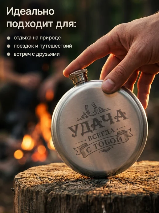 Русские подарки Фляжка мужская с гравировкой удача всегда с тобой, 190 мл, 4 шт, фото 7