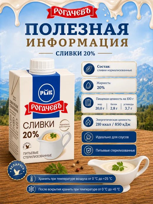 Рогачевъ Сливки питьевые стерилизованные, 20%, Рогачев, 200 г, 500 г, 1 шт, фото 2