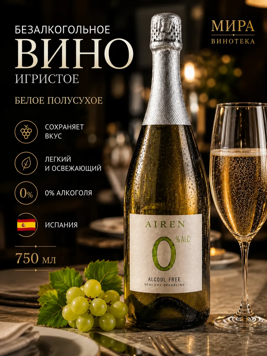 Вино безалкогольное игристое полусухое белое Айрен Спарклинг