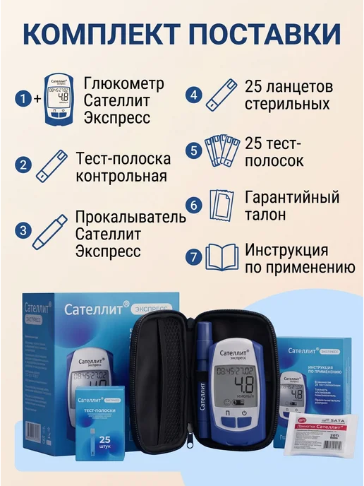 Сателлит Глюкометр портативный Экспресс ПКГ-03 полный стартовый набор, синий, фото 4