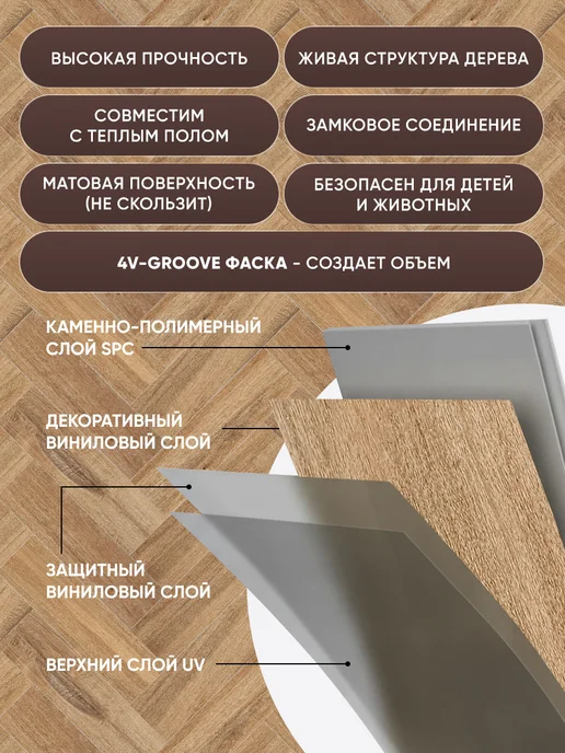 Ламинат замковый кварц винил Елочка 4V- фаска цвет ЭМЕЛЬ, вариант, фото 4