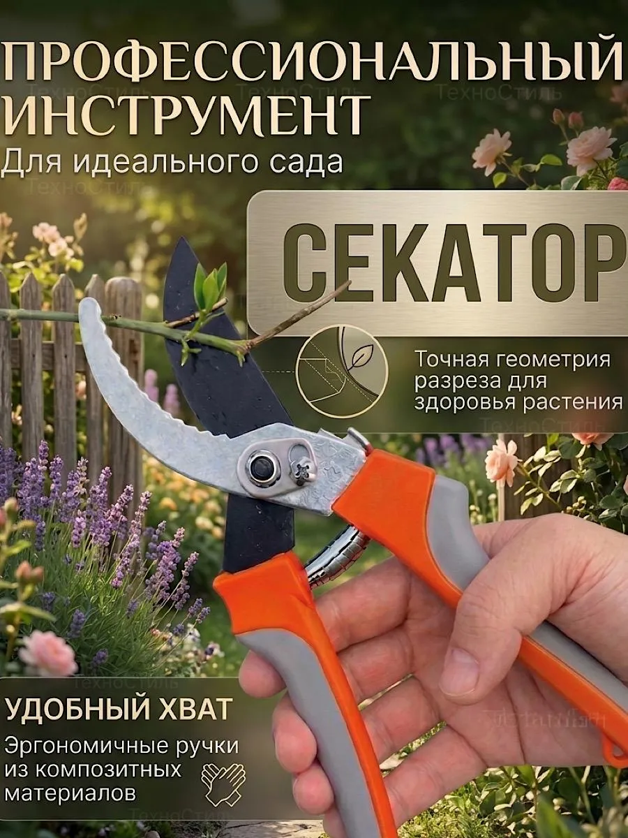 Секатор садовый пружинный, фиксатор, закаленная сталь