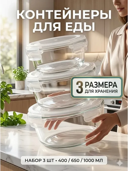 бан3 контейнеры для еды стеклянные набор 3 шт, 3 шт