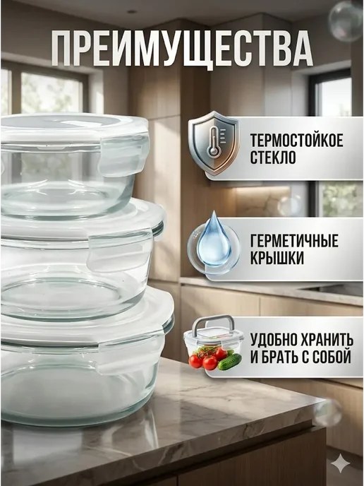 бан3 контейнеры для еды стеклянные набор 3 шт, 3 шт, фото 2