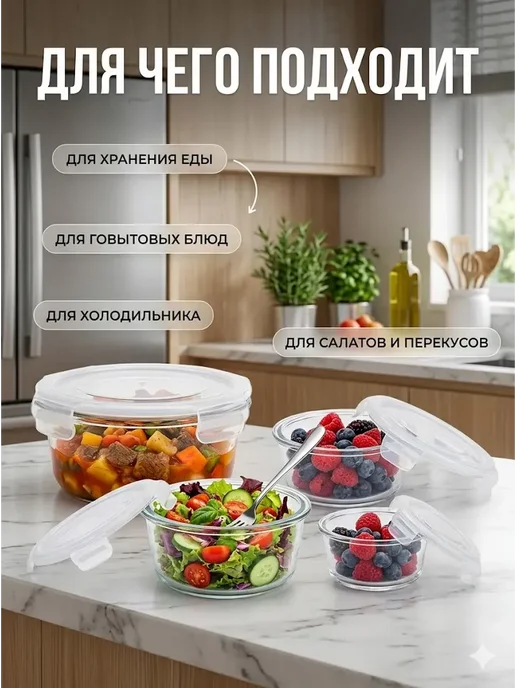 бан3 контейнеры для еды стеклянные набор 3 шт, 3 шт, фото 3