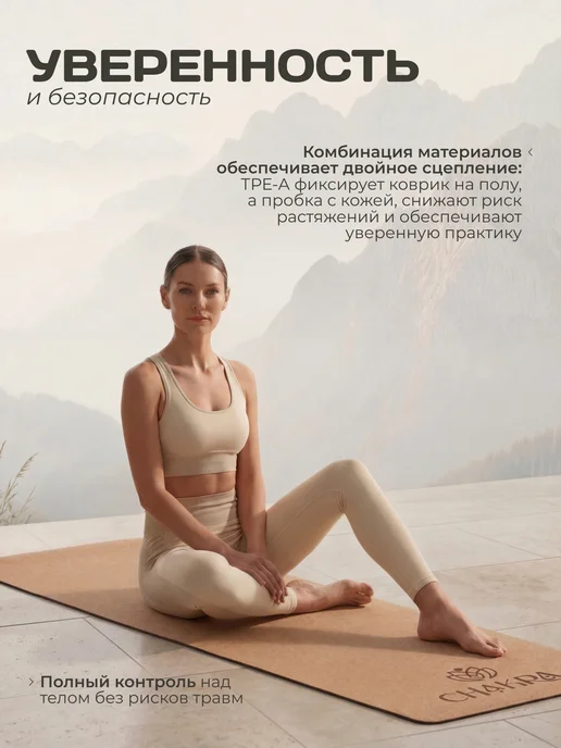 Chakra Коврик для йоги из TPE-A крупной пробки нескользящий, бежевый, фото 2