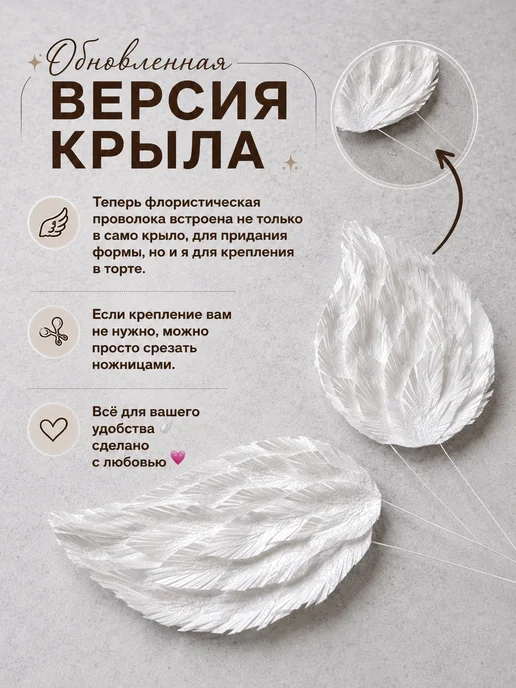 Вафельные крылья ангела на торт готовый декор ручной работы, белый, фото 2
