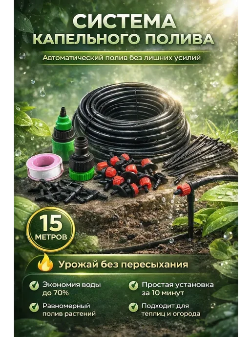 1001db Капельный полив 15 м система для теплицы и огорода, 15 м