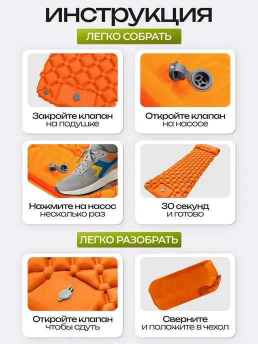 Коврик туристический одноместный с встроенным насосом, оранжевый, фото 5
