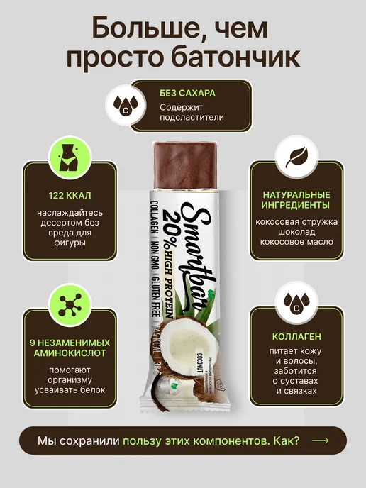 Smartbar Протеиновые батончики без сахара белковые "Кокос" 12 шт, 12 шт, фото 5