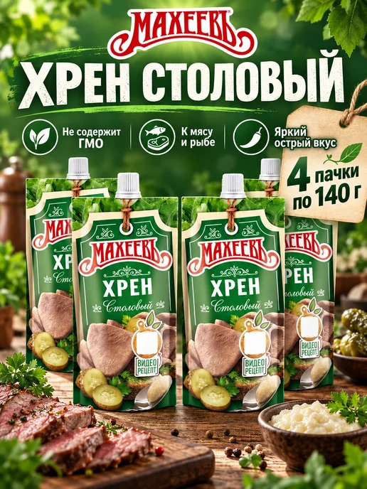 МахеевЪ Хрен 3 пачки по 140 грамм столовый, 4 пачки