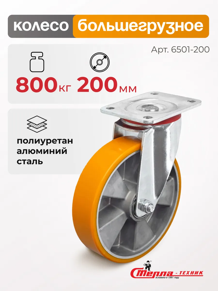 Колесо (200 мм, 800 кг) поворотное, полиуретан, алюминий
