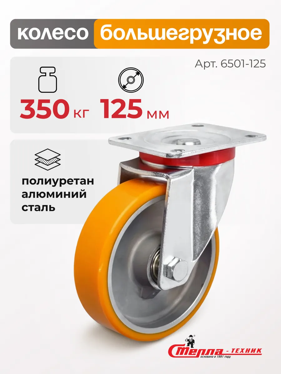 Колесо (125 мм, 350 кг) поворотное, полиуретан, алюминий