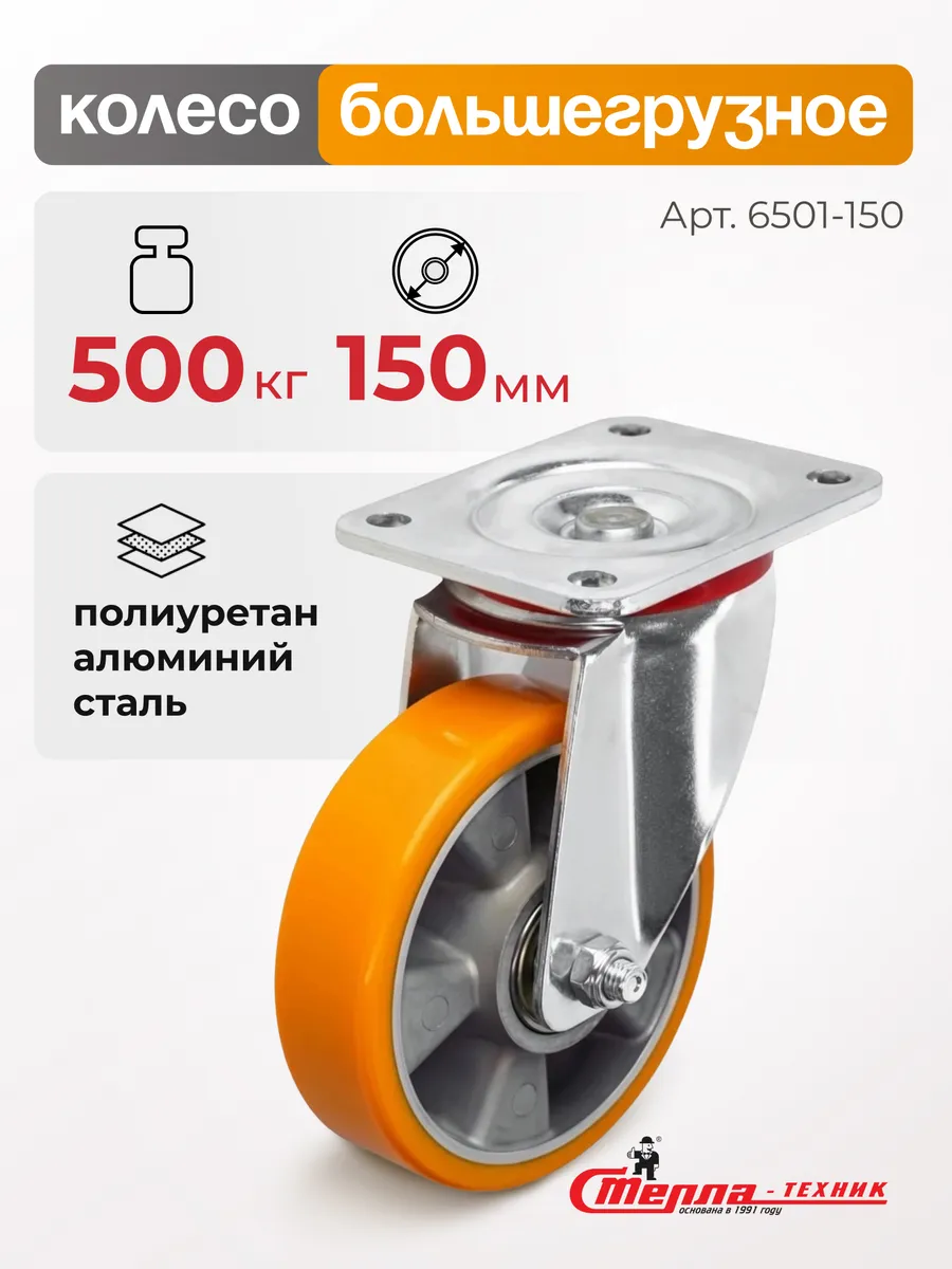 Колесо (150 мм, 500 кг) поворотное, полиуретан, алюминий