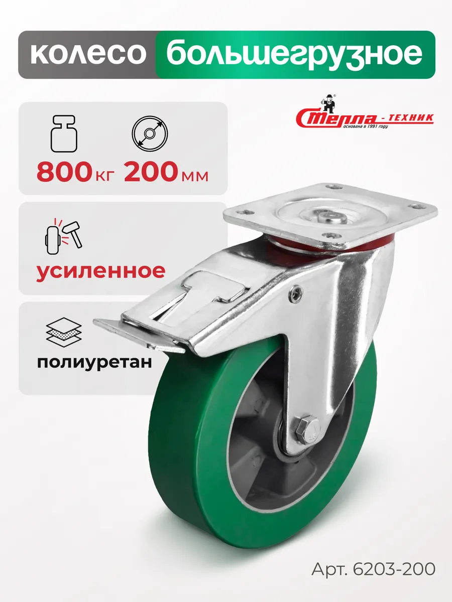 Колесо (200 мм, 800 кг) большегрузное, полиуретан, алюминий