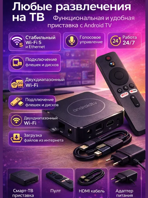Всё в стильный домик Смарт приставка для телевизора Android 4K WiFi, вариант, фото 4