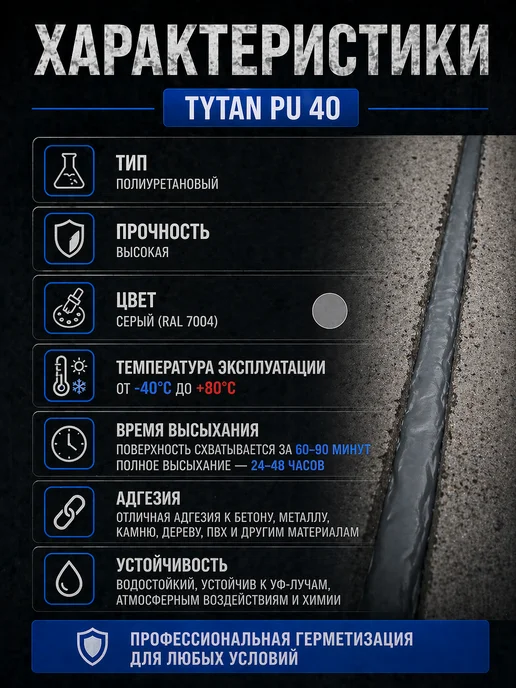 Tytan professional Герметик полиуретановый PU 40, серый, 600 мл, для швов, 600 мл, фото 2