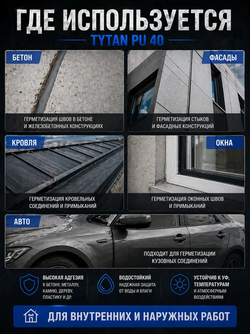 Tytan professional Герметик полиуретановый PU 40, серый, 600 мл, для швов, 600 мл, фото 5