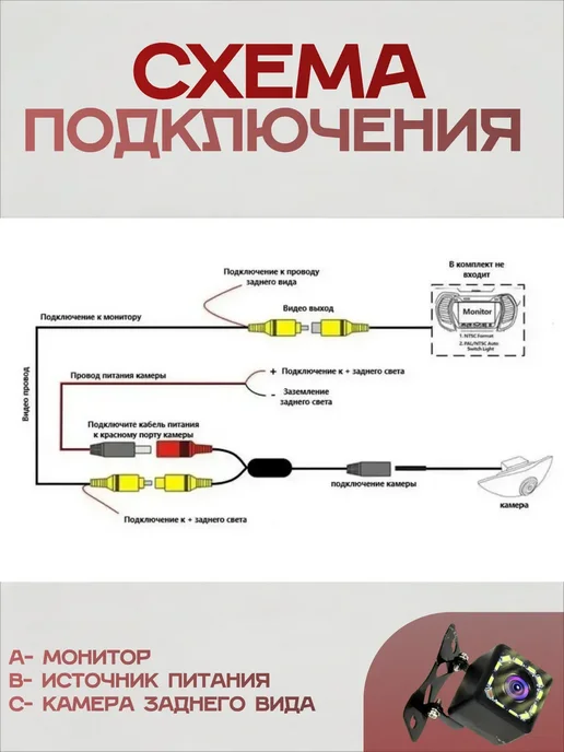 Камера заднего вида 170° RCA IP69 с ночной подсветкой 12 LED, вариант, фото 2