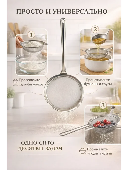 ВИИН 1 Сито кухонное металлическое с ручкой, серый, фото 3