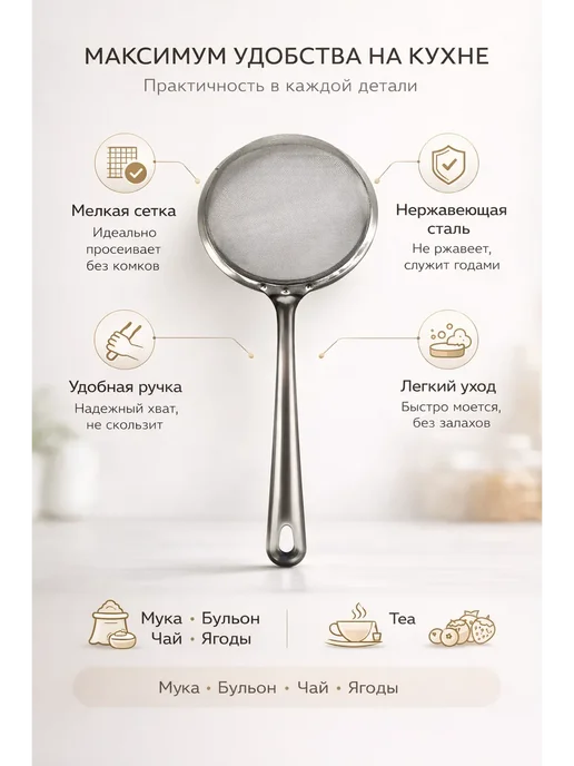 ВИИН 1 Сито кухонное металлическое с ручкой, серый, фото 4