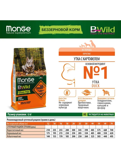 Сухой корм MONGE Bwild Grain для собак, беззерновой, утка, 12 кг, фото 3